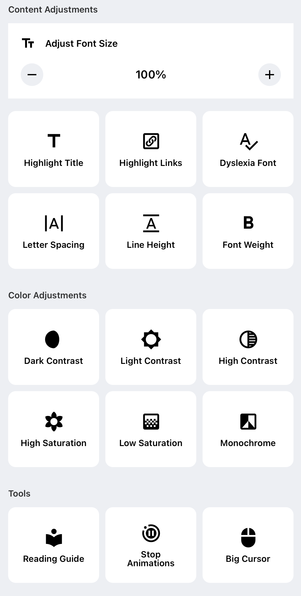 Image of pop up accessibility menu